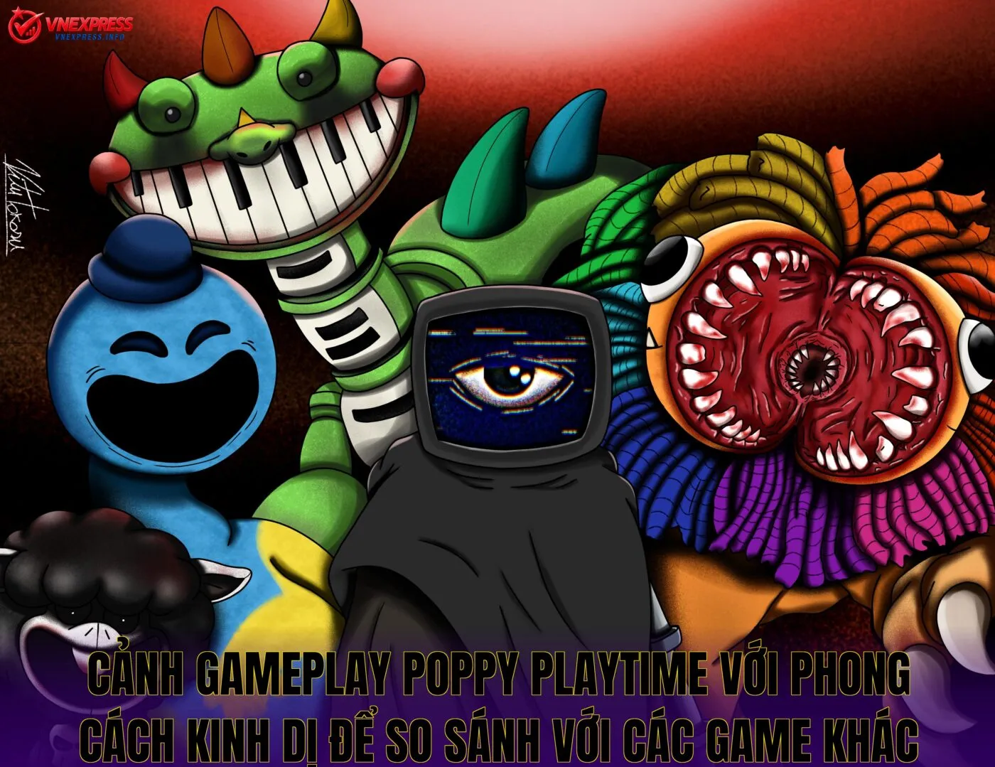 Cảnh gameplay Poppy Playtime với phong cách kinh dị để so sánh với các game khác