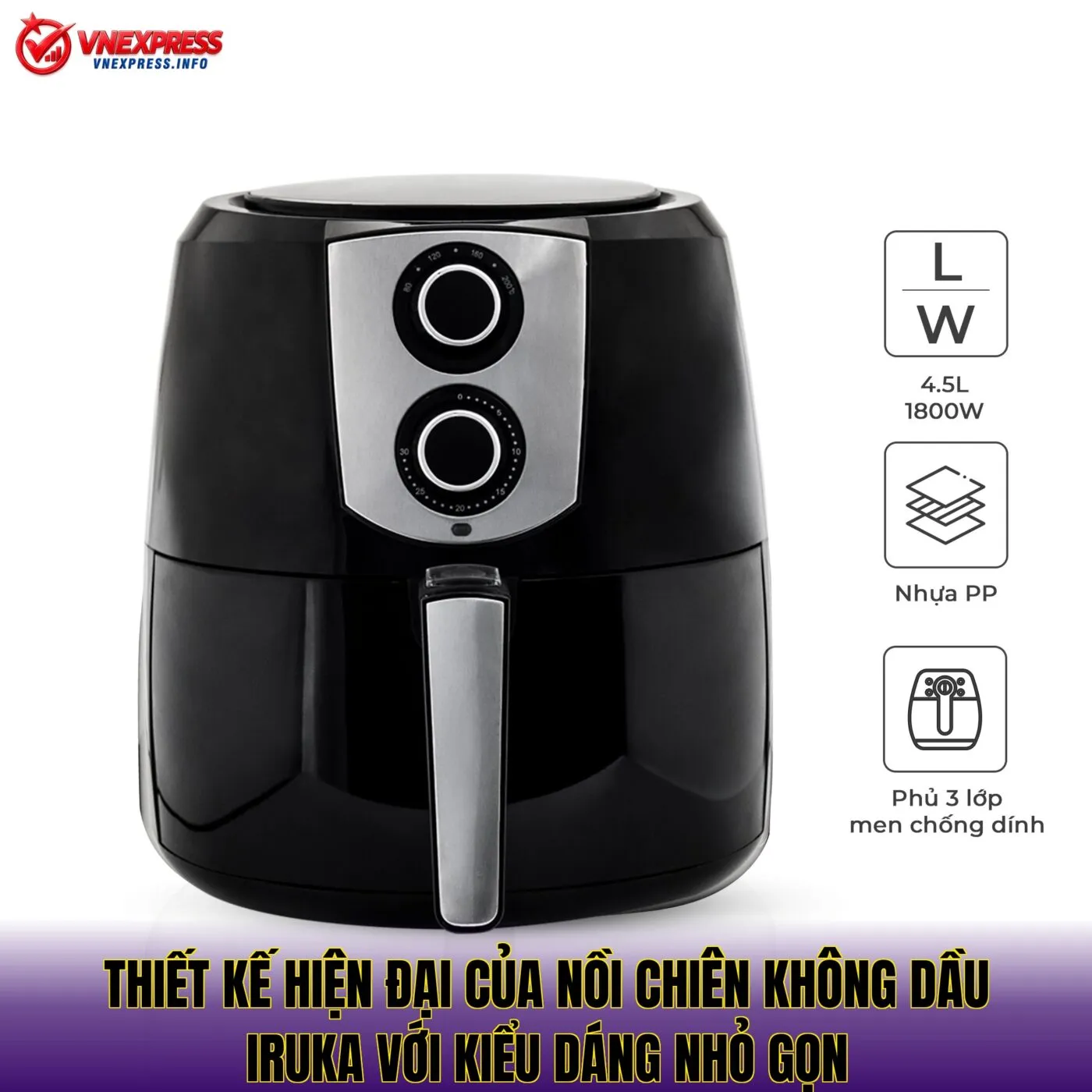 Thiết kế hiện đại của nồi chiên không dầu Iruka với kiểu dáng nhỏ gọn