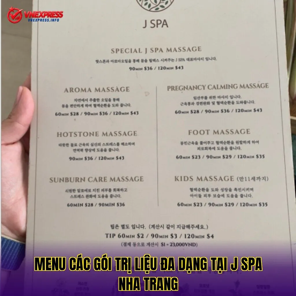 Menu các gói trị liệu đa dạng tại J Spa Nha Trang