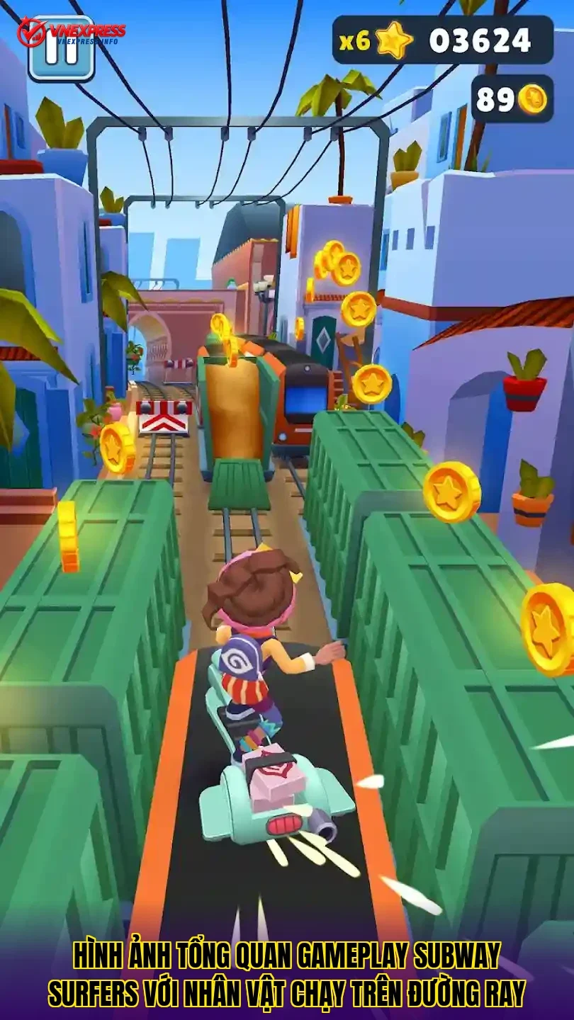 Hình ảnh tổng quan gameplay Subway Surfers với nhân vật chạy trên đường ray