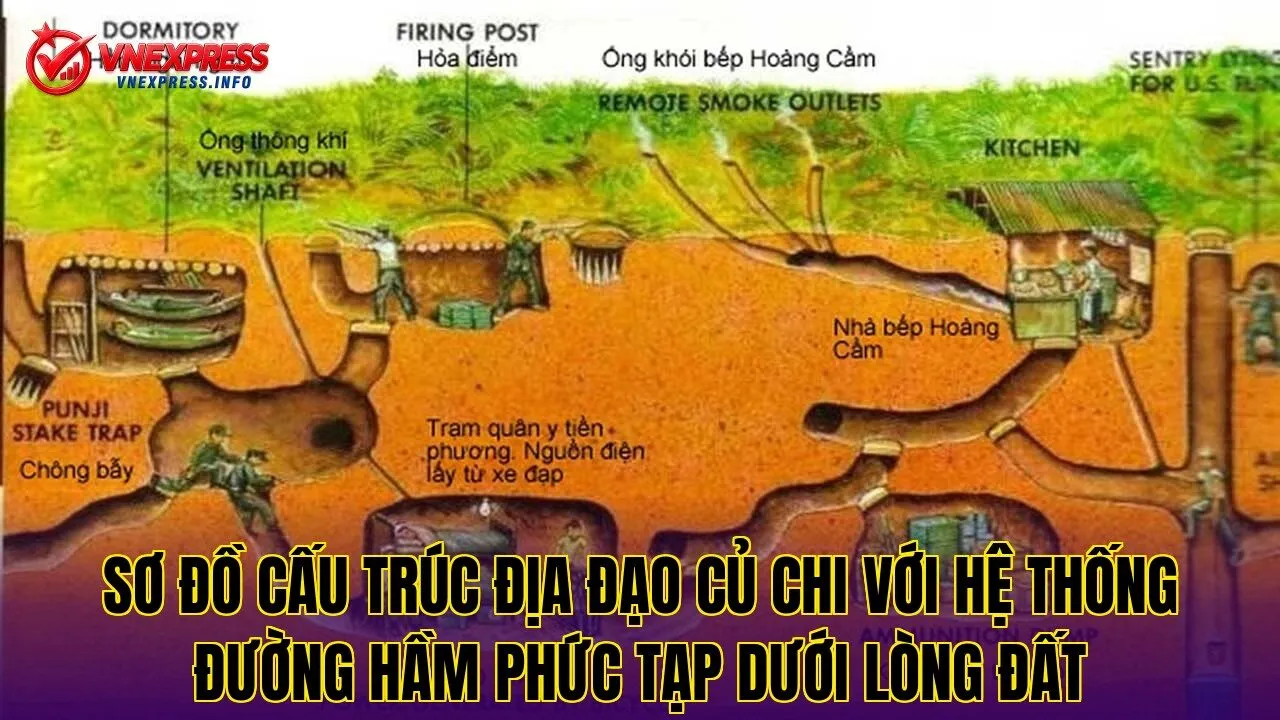 Sơ đồ cấu trúc địa đạo Củ Chi với hệ thống đường hầm phức tạp dưới lòng đất
