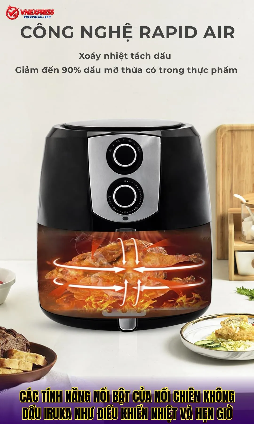 Các tính năng nổi bật của nồi chiên không dầu Iruka như điều khiển nhiệt và hẹn giờ